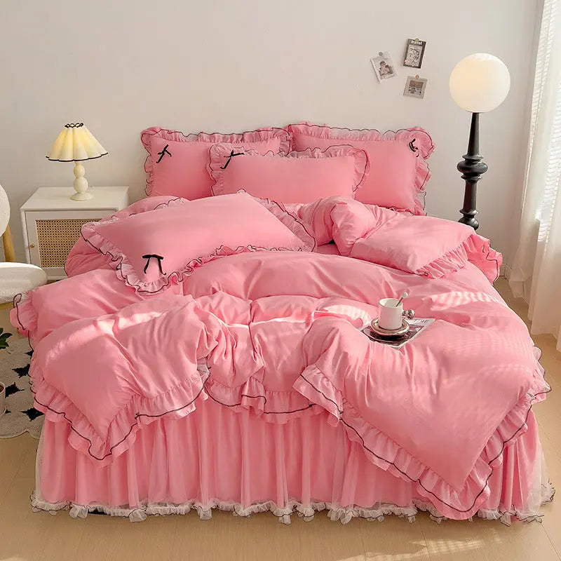 Mesh Lace Bow Bed Skirt Double-bed Four-piece Suit  Adomoo