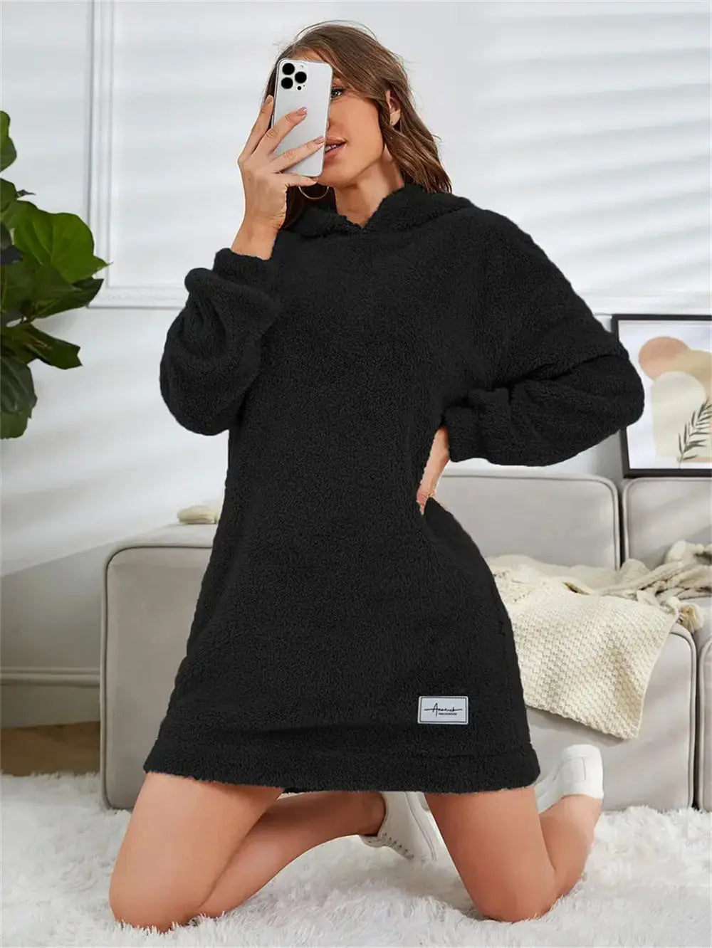 Women's Hooded Long Sleeve Plush Dress  Adomoo