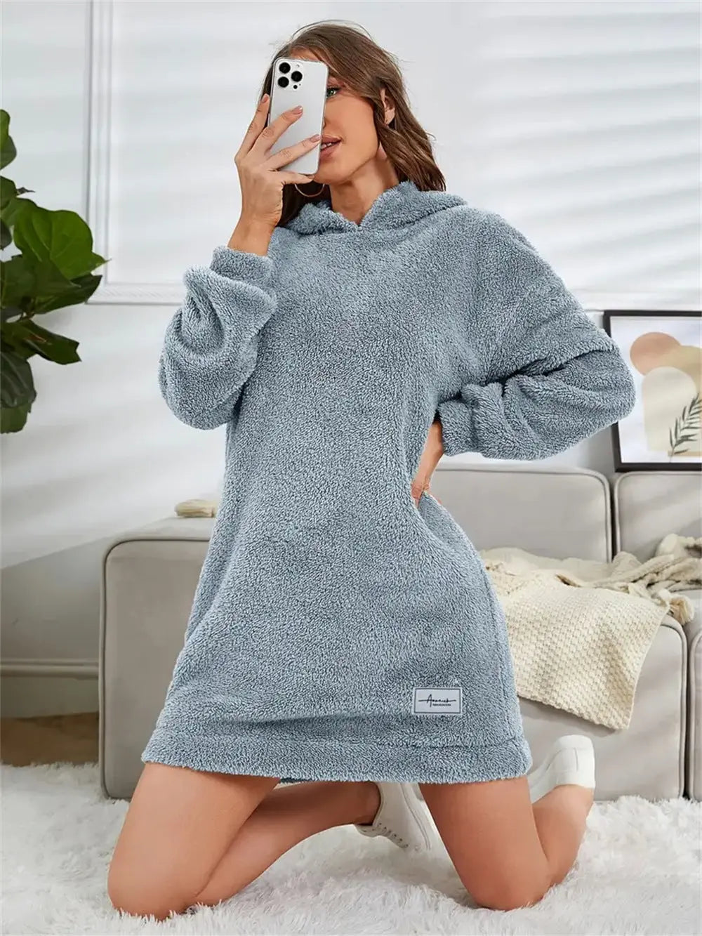 Women's Hooded Long Sleeve Plush Dress  Adomoo