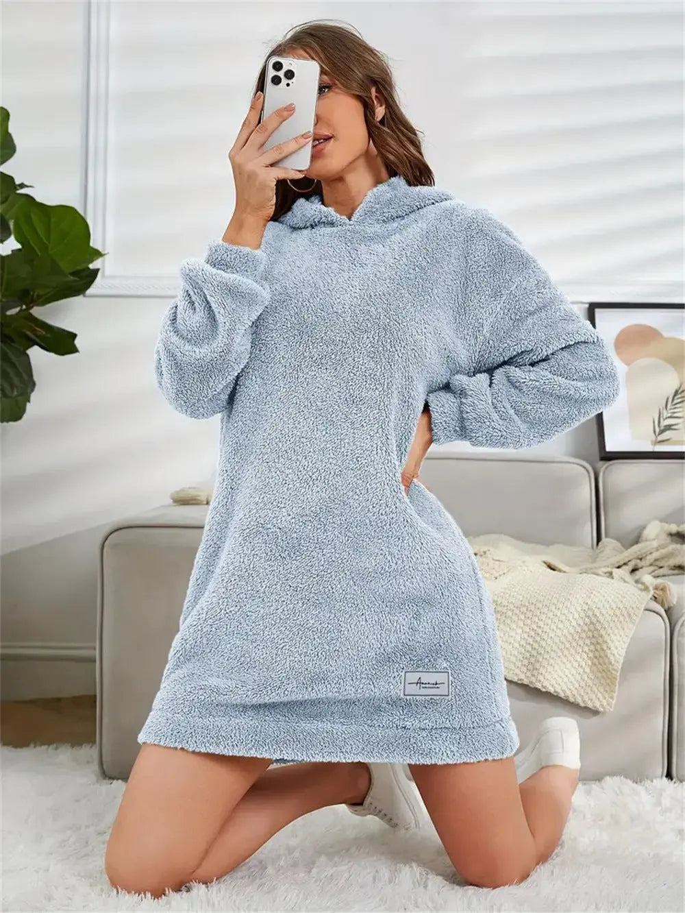 Women's Hooded Long Sleeve Plush Dress  Adomoo