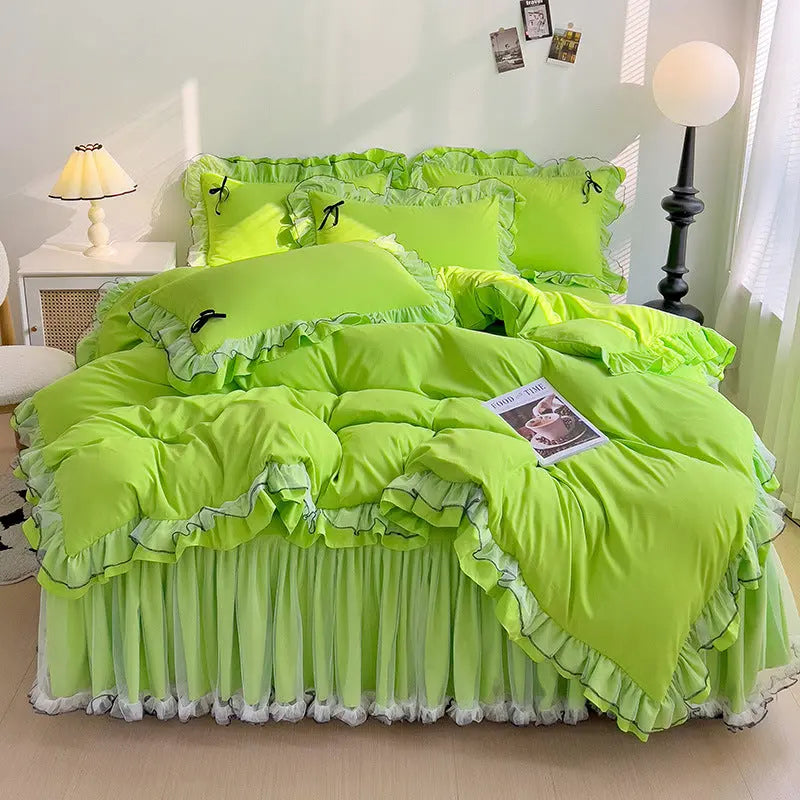 Mesh Lace Bow Bed Skirt Double-bed Four-piece Suit  Adomoo