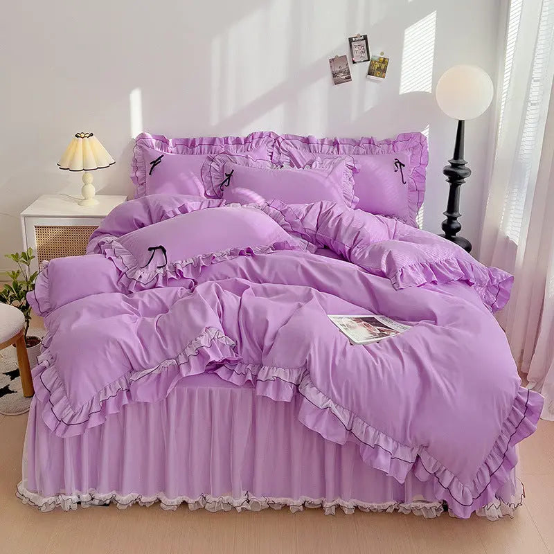 Mesh Lace Bow Bed Skirt Double-bed Four-piece Suit  Adomoo