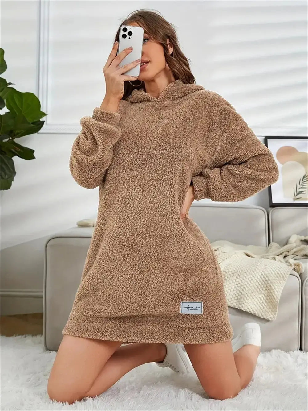 Women's Hooded Long Sleeve Plush Dress  Adomoo