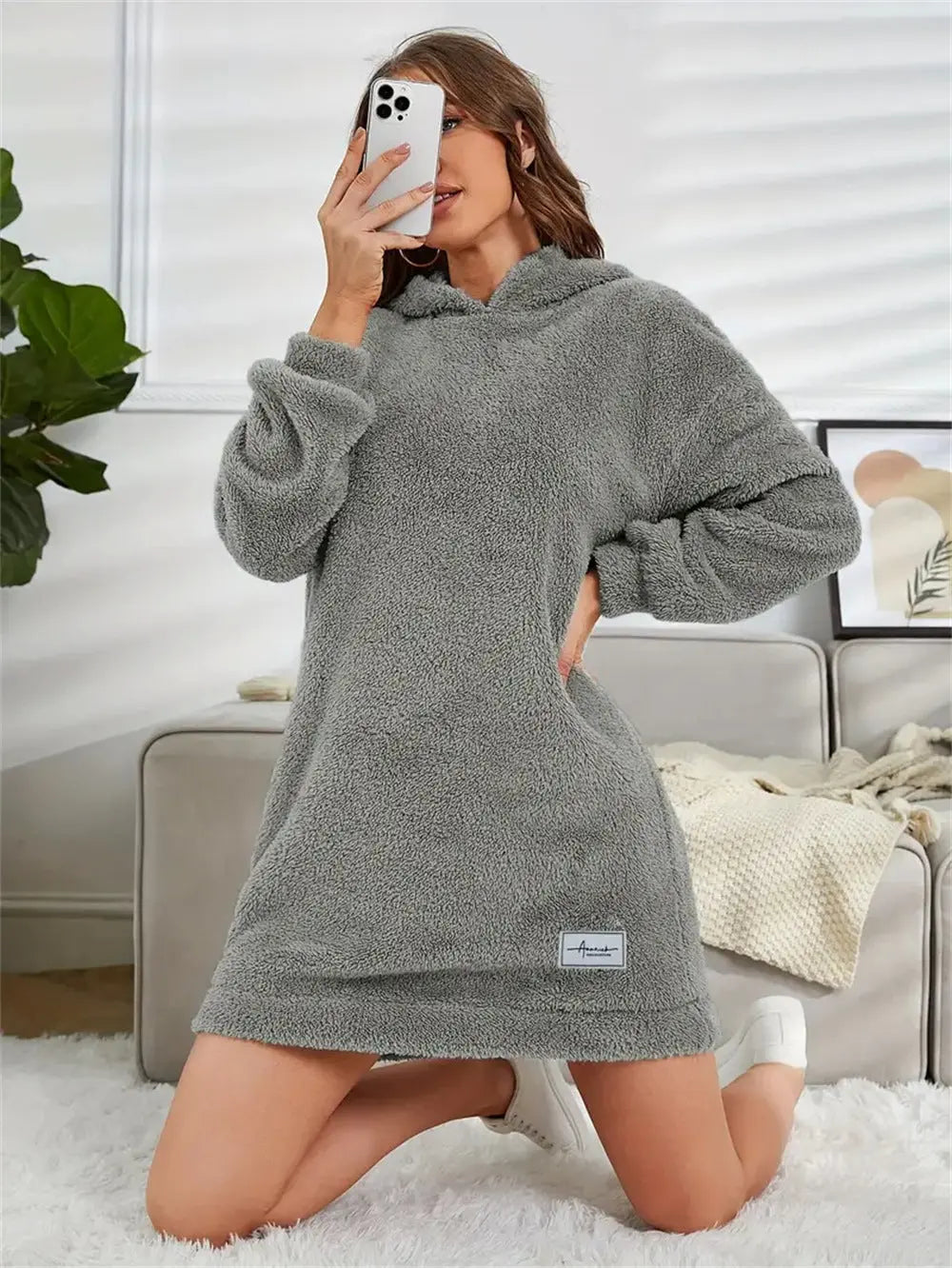 Women's Hooded Long Sleeve Plush Dress  Adomoo