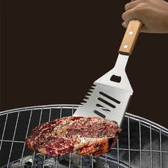 Outdoor BBQ Tool Set – Stainless Steel Grill Accessories with Wooden Handle Fork, Shovel, Clip & Cloth Bag for Camping Barbecue  Adomoo