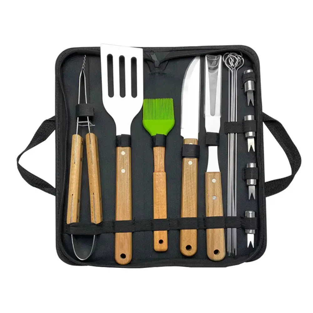 Outdoor BBQ Tool Set – Stainless Steel Grill Accessories with Wooden Handle Fork, Shovel, Clip & Cloth Bag for Camping Barbecue  Adomoo