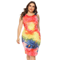 Plus Size Women's Colorful Tie-dyed Color Non-positioning Vest Slim-fit Sheath Dress  Adomoo