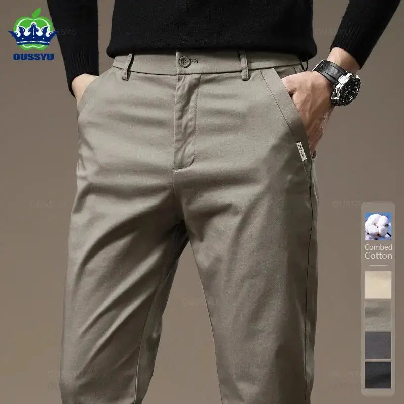 Premium Combed Cotton Men's Chinos | Business Casual Straight Fit Pants | Solid Color Gray Trousers  Adomoo