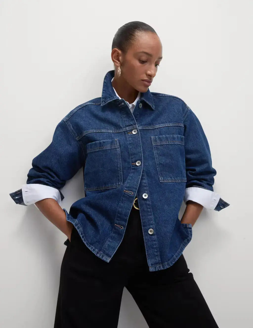 Pure Cotton Denim Relaxed Shacket  Adomoo