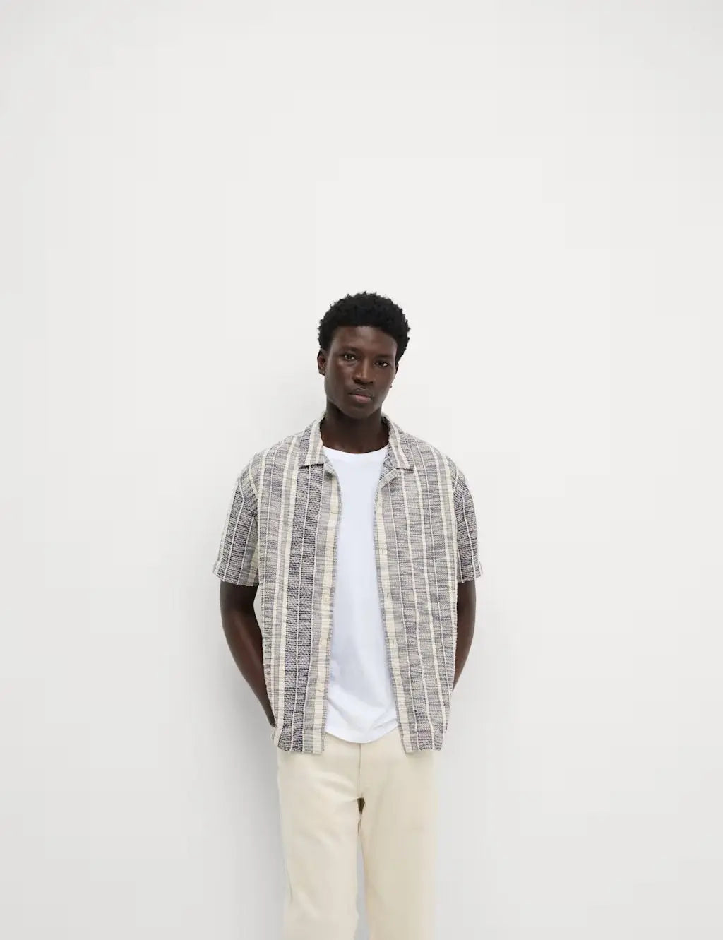 M&S Regular Fit Easy Iron Cotton Blend Striped Shirt  Adomoo