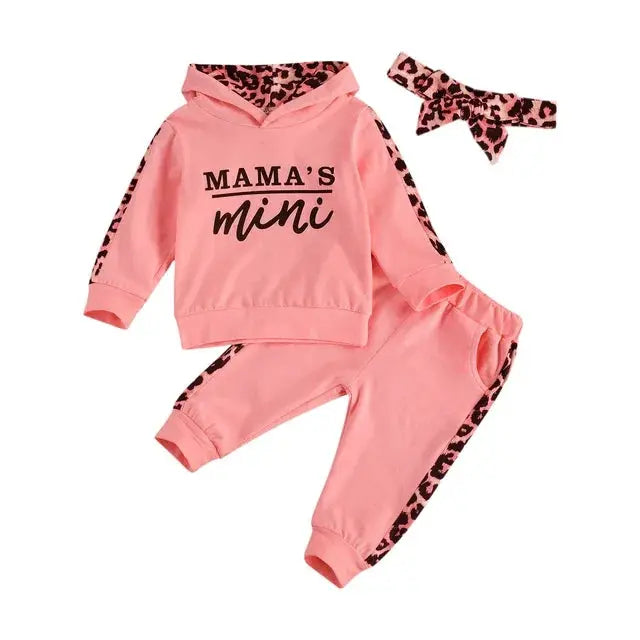 Infant Baby Girl 3-Piece Outfit Set - Hooded T-shirt, Long Pants, and Headband - Letter Print, Leopard Stitching - Spring/Fall Clothes  Adomoo