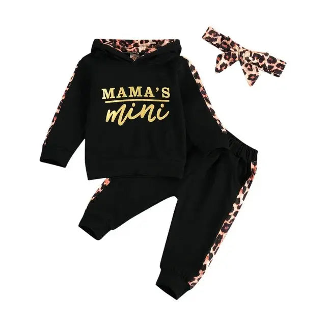 Infant Baby Girl 3-Piece Outfit Set - Hooded T-shirt, Long Pants, and Headband - Letter Print, Leopard Stitching - Spring/Fall Clothes  Adomoo