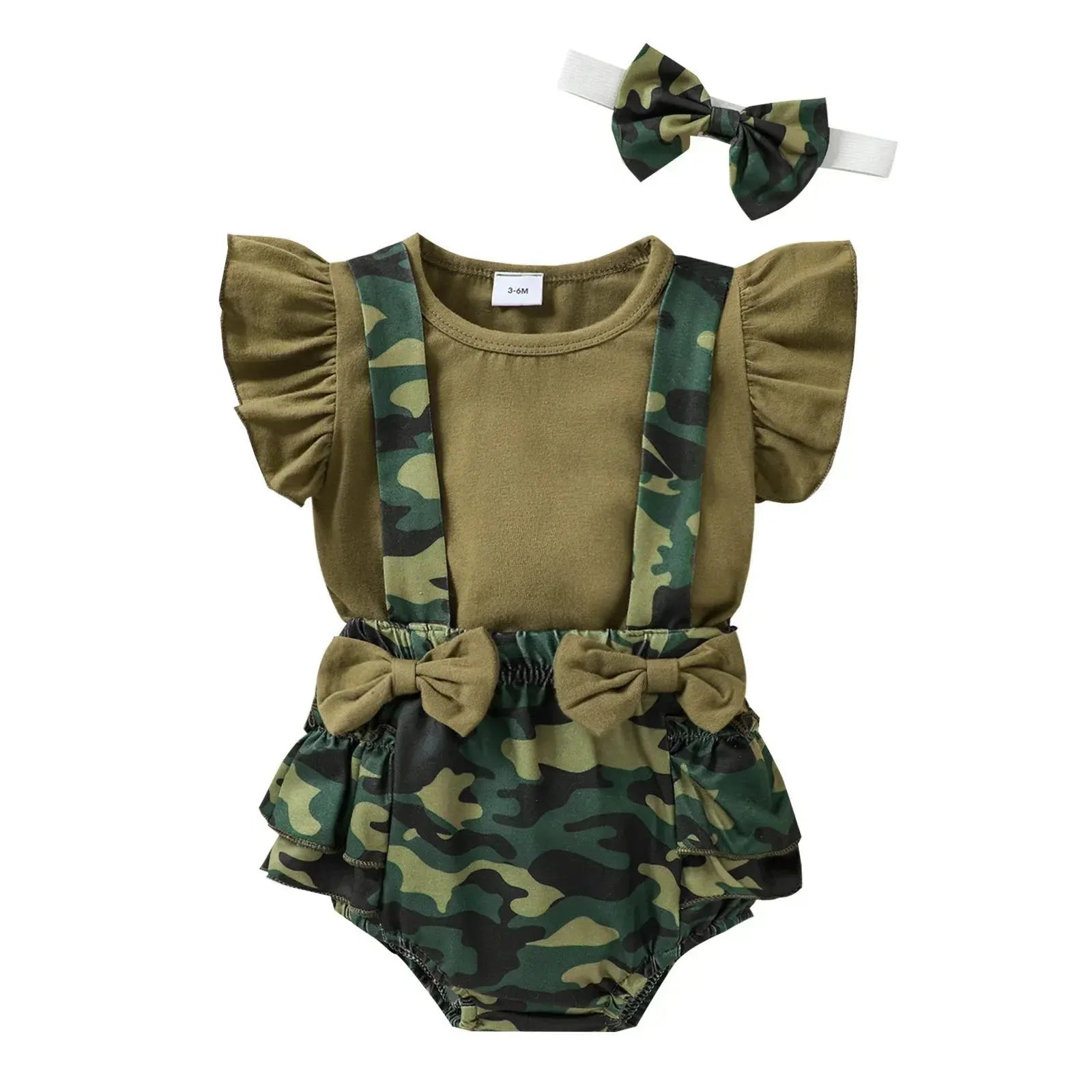 Baby Girls 3-Piece Camo Outfit Set with Sleeveless Romper, Suspender Shorts, and Bow Headband  Adomoo