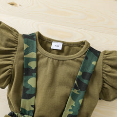 Baby Girls 3-Piece Camo Outfit Set with Sleeveless Romper, Suspender Shorts, and Bow Headband - Honesty Sales U.K