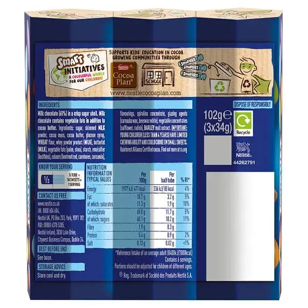 Smarties Milk Chocolate Tube 3 Pack Multipack 102g (Case of 16)  Adomoo