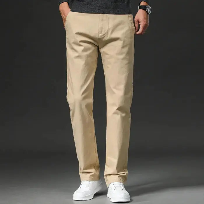 Spring Men's Casual Pants - Straight Fit Cotton Stretch Chino Trousers for Work and Business Wear - Khaki Fashion Regular  Adomoo