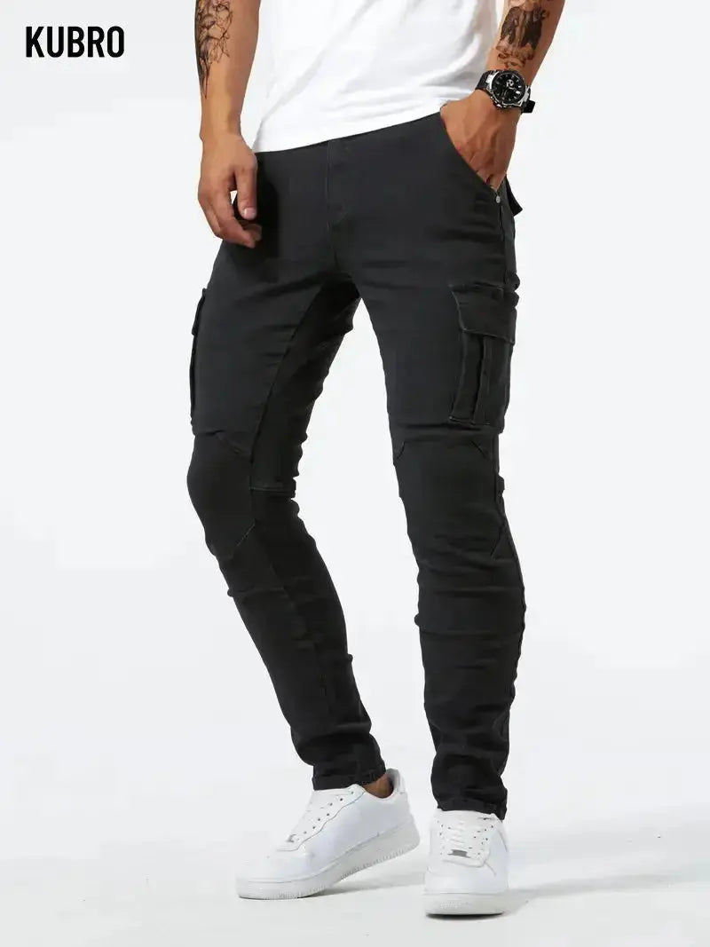 Men's Elastic Denim Cargo Pants – Multi-Pocket Slim Fit Joggers  Adomoo