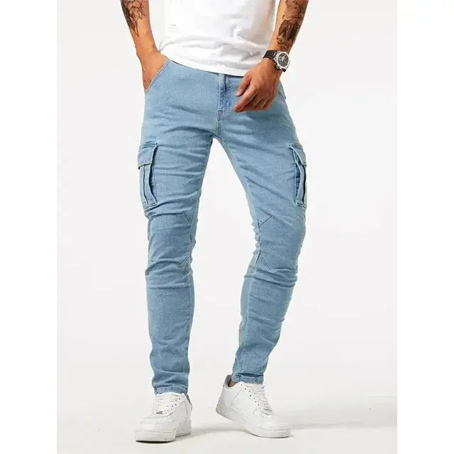Men's Elastic Denim Cargo Pants – Multi-Pocket Slim Fit Joggers  Adomoo