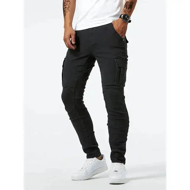 Men's Elastic Denim Cargo Pants – Multi-Pocket Slim Fit Joggers  Adomoo
