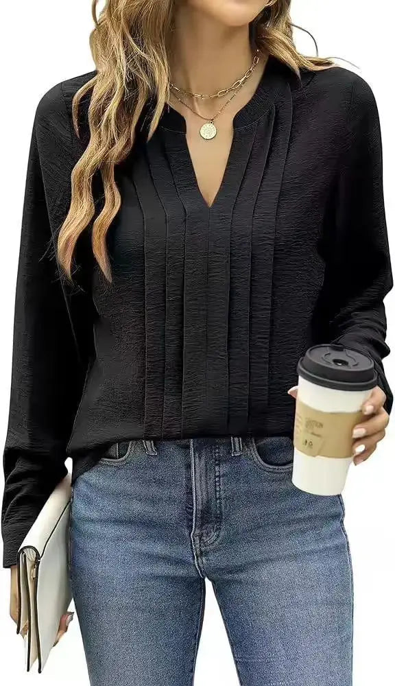 Temperament Commute Long Sleeve Solid Color Sweet Top Women's V-neck Design  Adomoo