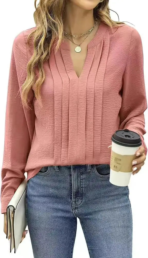 Temperament Commute Long Sleeve Solid Color Sweet Top Women's V-neck Design  Adomoo