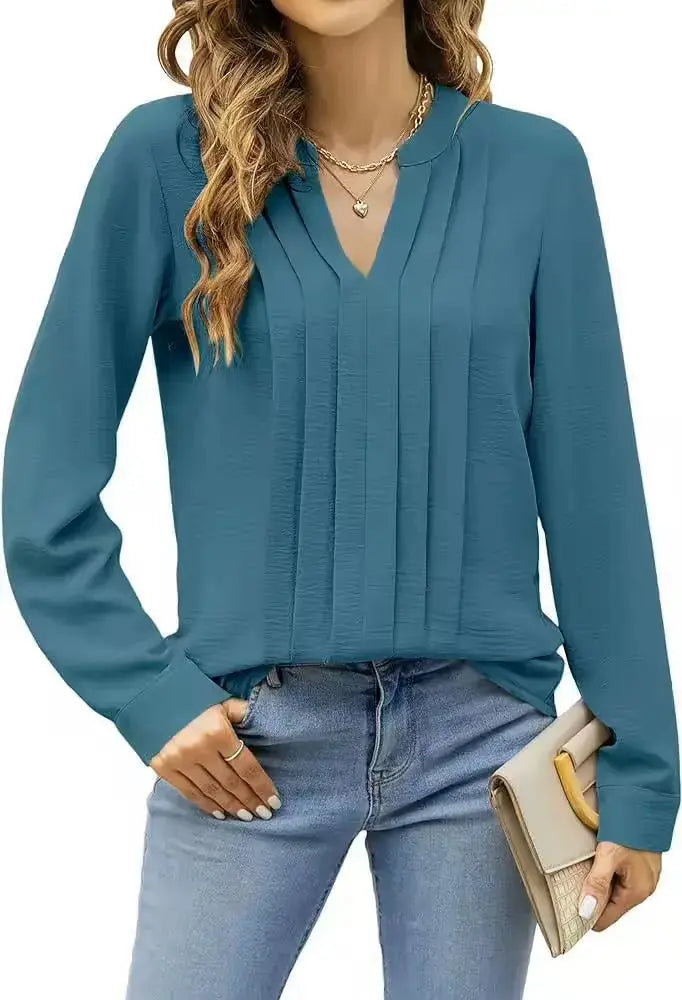 Temperament Commute Long Sleeve Solid Color Sweet Top Women's V-neck Design  Adomoo
