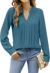 Temperament Commute Long Sleeve Solid Color Sweet Top Women's V-neck Design  Adomoo