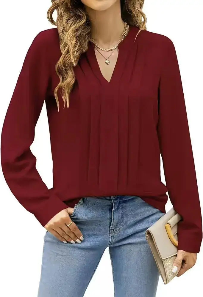 Temperament Commute Long Sleeve Solid Color Sweet Top Women's V-neck Design  Adomoo