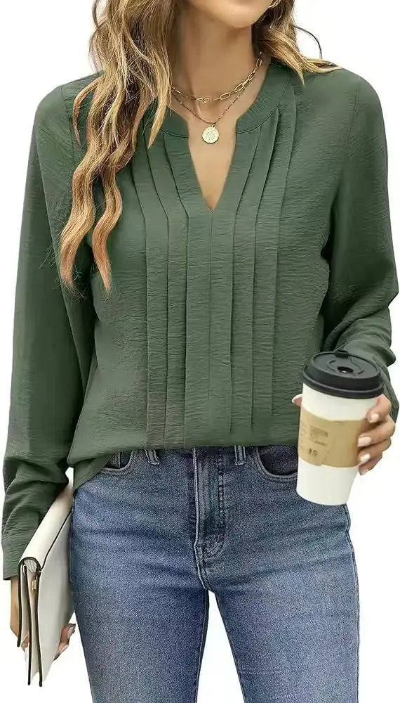Temperament Commute Long Sleeve Solid Color Sweet Top Women's V-neck Design  Adomoo