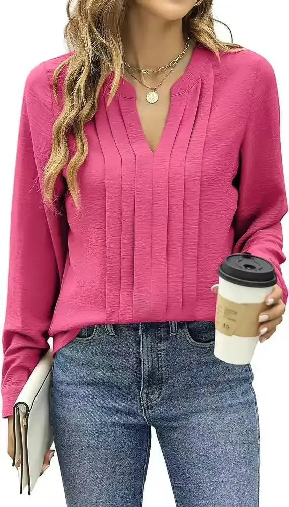 Temperament Commute Long Sleeve Solid Color Sweet Top Women's V-neck Design  Adomoo