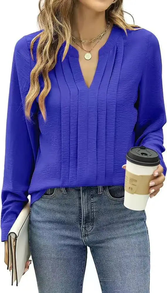 Temperament Commute Long Sleeve Solid Color Sweet Top Women's V-neck Design  Adomoo