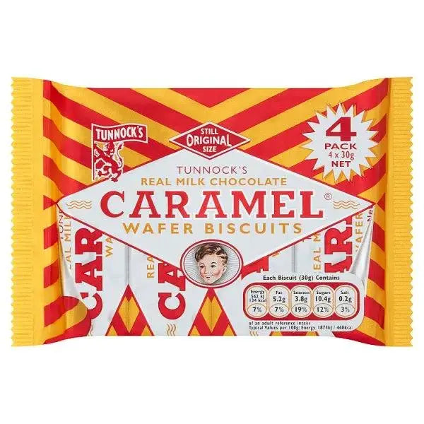 Tunnock's Real Milk Chocolate Caramel Wafer Biscuits 4 x 30g (Case of 20)  Adomoo