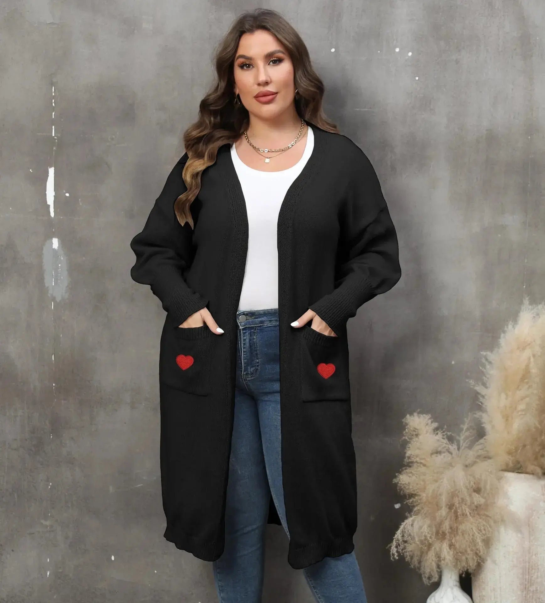 Women's Plus Size Mid-length Woven Love Double Pocket Lantern Sleeve Sweater Cardigan  Adomoo