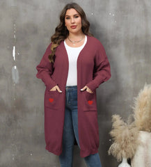 Women's Plus Size Mid-length Woven Love Double Pocket Lantern Sleeve Sweater Cardigan  Adomoo