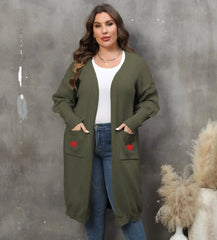 Women's Plus Size Mid-length Woven Love Double Pocket Lantern Sleeve Sweater Cardigan  Adomoo