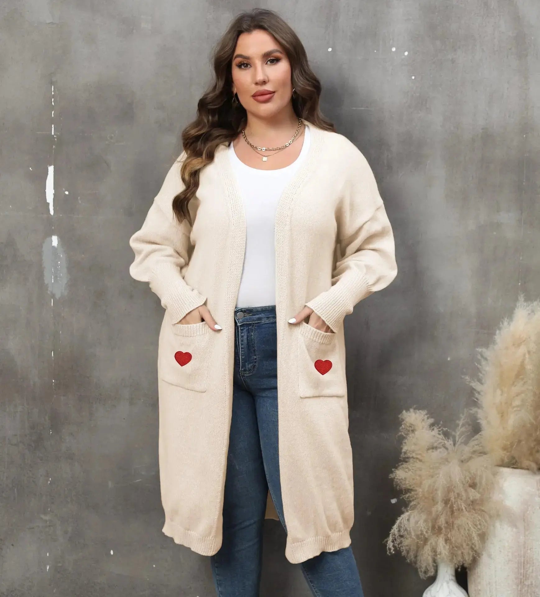 Women's Plus Size Mid-length Woven Love Double Pocket Lantern Sleeve Sweater Cardigan  Adomoo