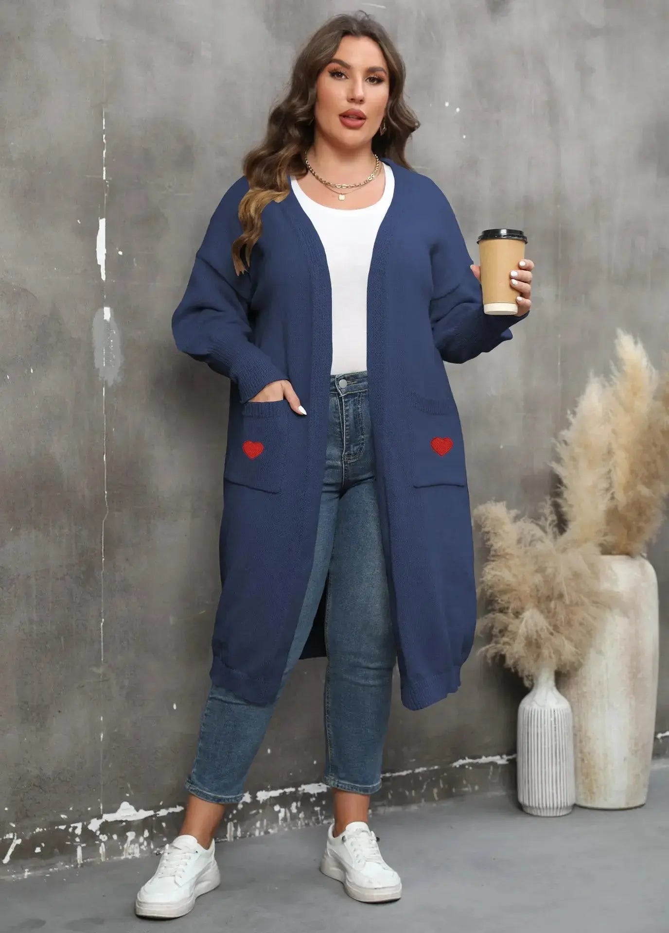 Women's Plus Size Mid-length Woven Love Double Pocket Lantern Sleeve Sweater Cardigan  Adomoo
