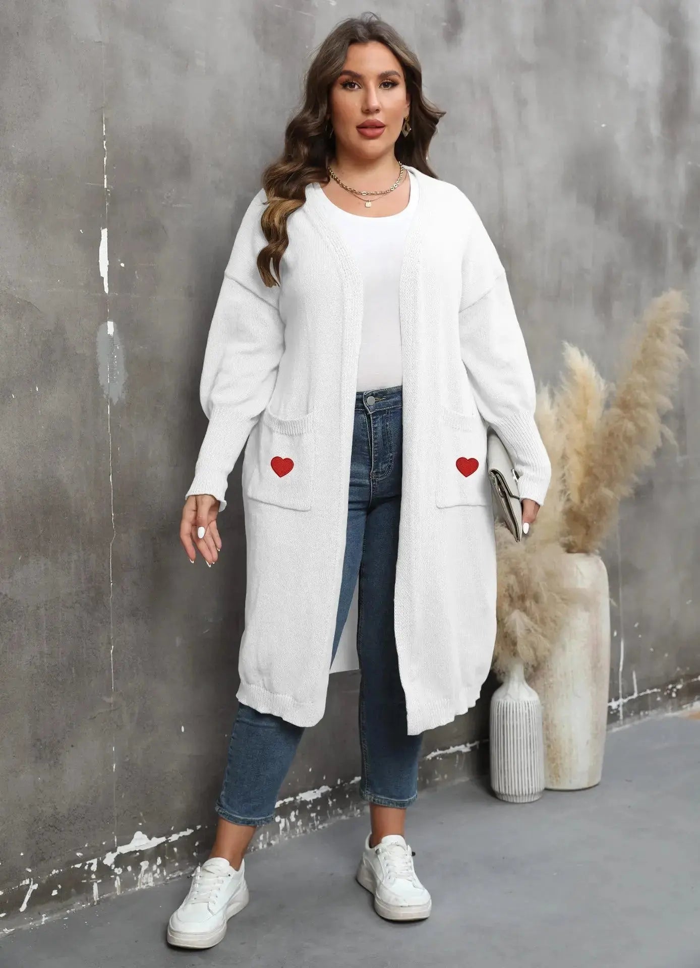 Women's Plus Size Mid-length Woven Love Double Pocket Lantern Sleeve Sweater Cardigan  Adomoo