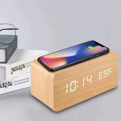 Wooden Digital Alarm Clock with Wireless Charging,  Clock with Time, Date,Temperature, Desk Clocks  Office,Bedside Clock Clock  Adomoo