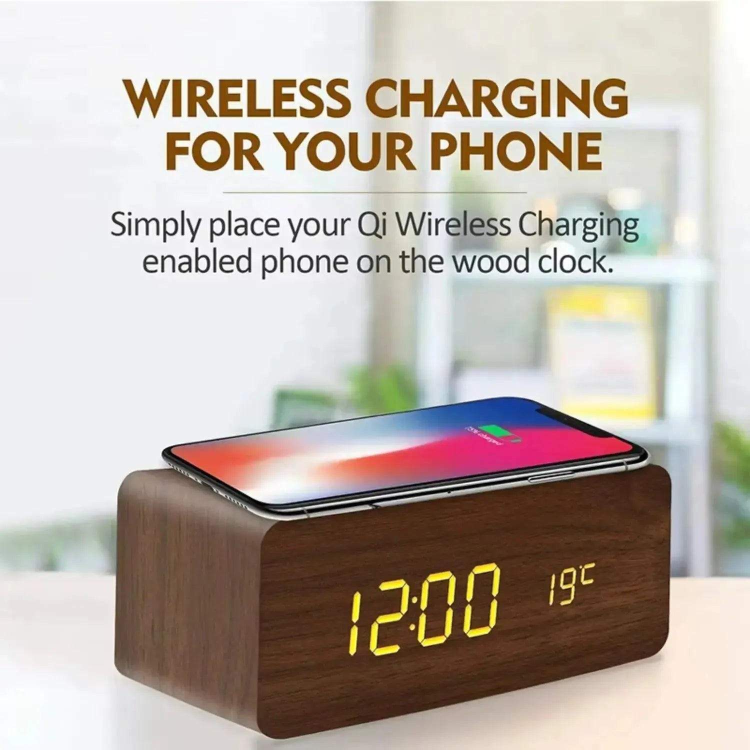 Wooden Digital Alarm Clock with Wireless Charging,  Clock with Time, Date,Temperature, Desk Clocks  Office,Bedside Clock Clock  Adomoo