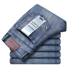 Wthinlee Men's Stretch Straight Jeans - Fashionable Classic Blue/Black Business Denim Trousers  Adomoo
