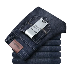 Wthinlee Men's Stretch Straight Jeans - Fashionable Classic Blue/Black Business Denim Trousers  Adomoo