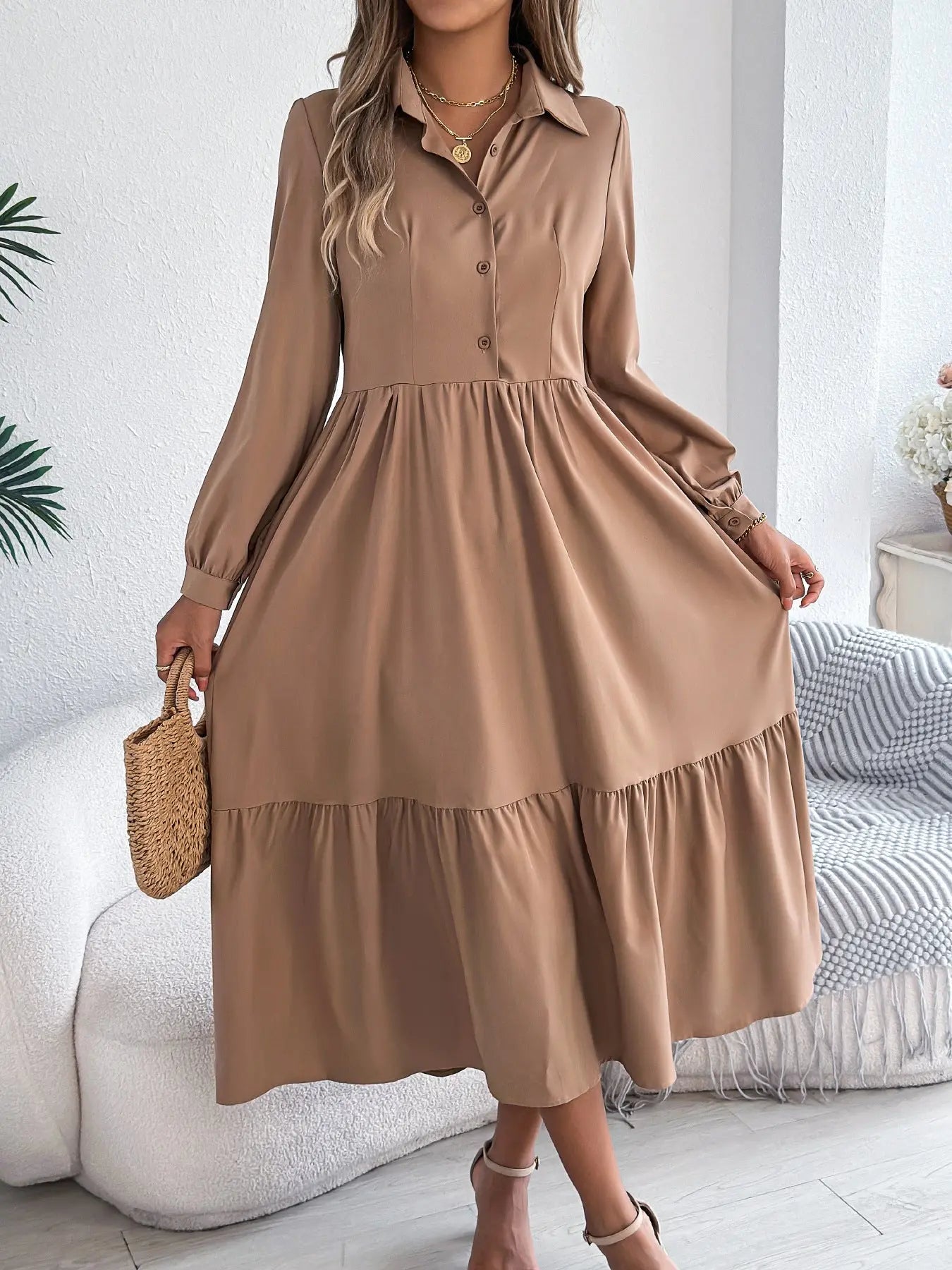 Lapel Casual Loose Long Sleeve Ruffled Shirt Dress  Adomoo