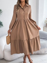 Lapel Casual Loose Long Sleeve Ruffled Shirt Dress  Adomoo