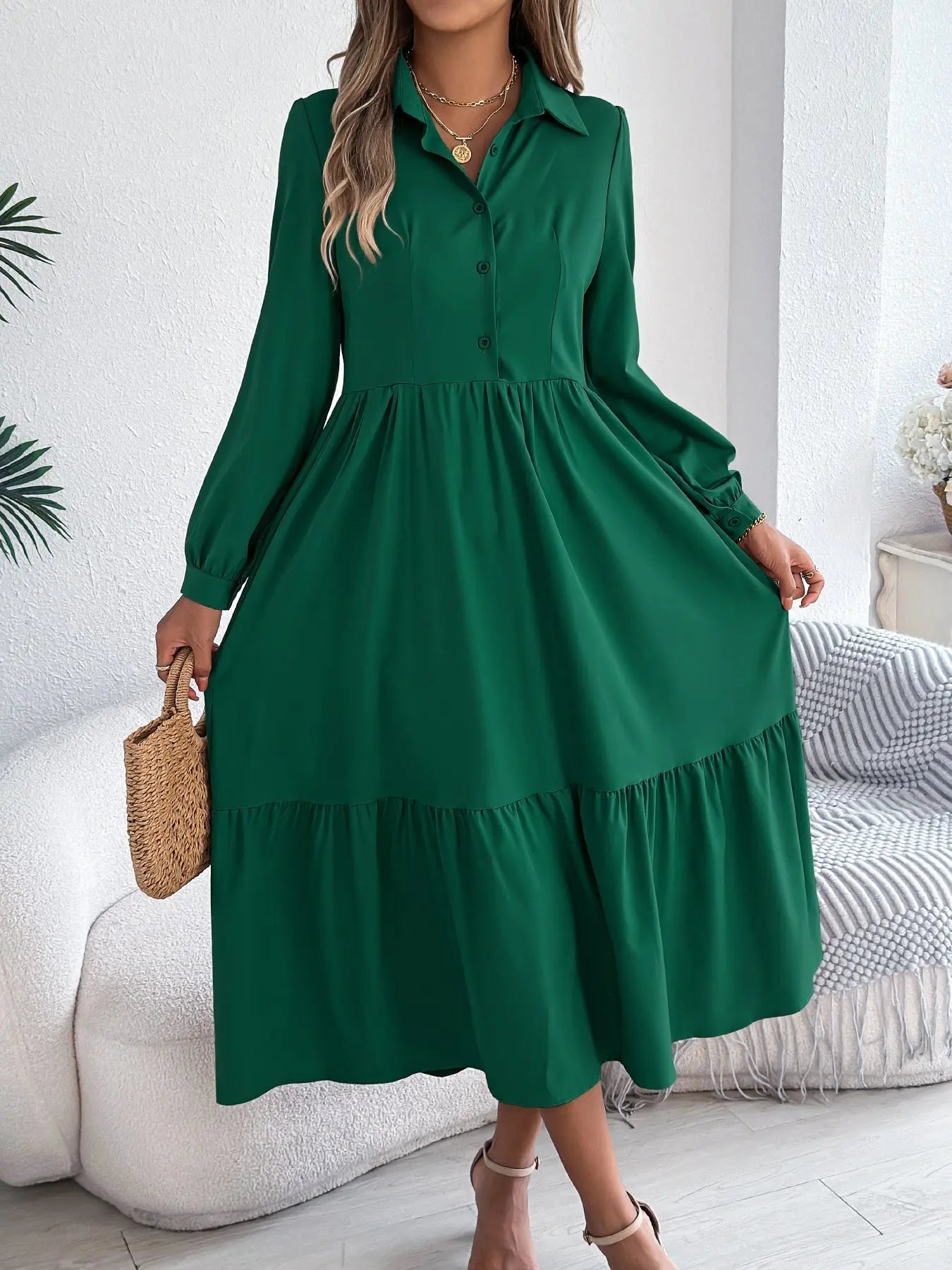 Lapel Casual Loose Long Sleeve Ruffled Shirt Dress  Adomoo
