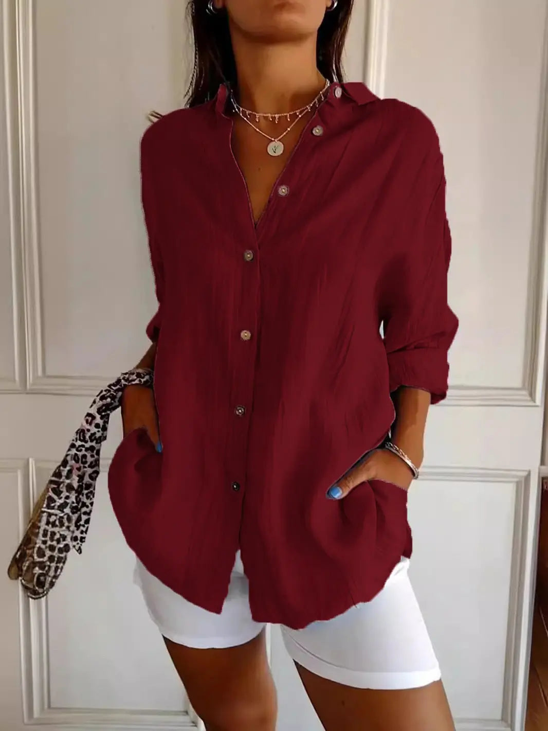 Popular Spring And Summer New Women's Loose Open Button Shirt Solid Color Top  Adomoo