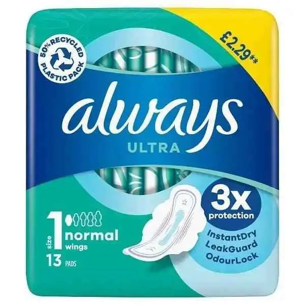 Always Ultra Sanitary Towels Normal (Size 1) Wings 13 Pads  Adomoo