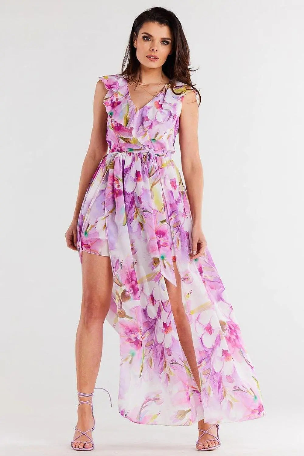 awama daydress made of chiffon on elastic lining, tied with a belt at the waist  Adomoo