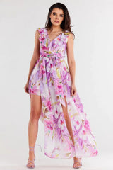 awama daydress made of chiffon on elastic lining, tied with a belt at the waist  Adomoo