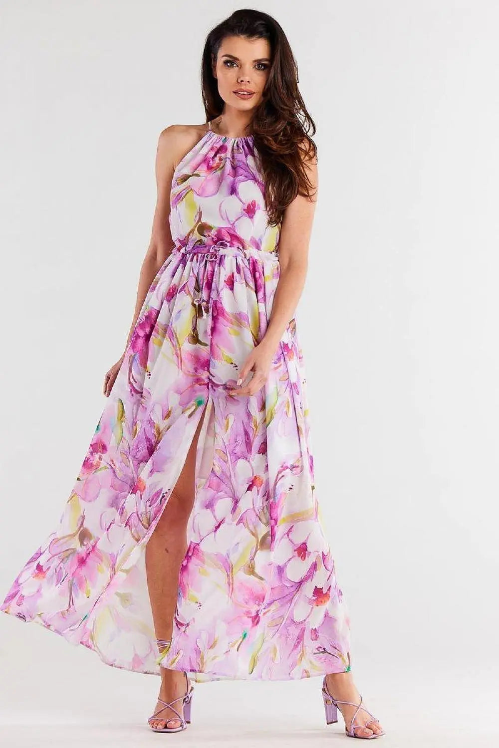 awama long chiffon daydress with elastic lining and thin straps tied at the back  Adomoo